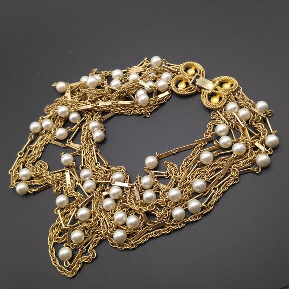 Vintage 1960s Faux Pearl Ten Strand Gold Tone Necklace - Picture 3 of 10